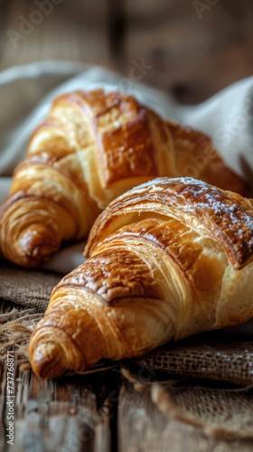 Delicious warm croissants on a rustic table the closeup highlighting flaky layers ideal for a cozy breakfast ad © BussarinK