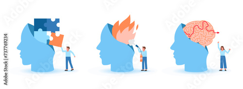 Mental health illustration set. Characters trying to solve mentality problems, fighting against emotional burnout and find the way out.