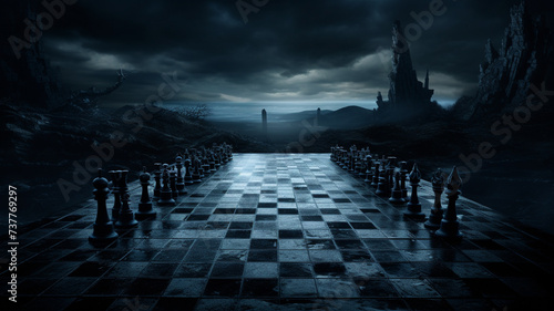 Chess board lying on the dark night. photo
