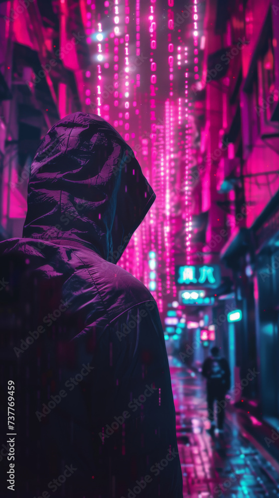In a dark city a neon hacker decrypts the sky revealing a matrix of cyber security secrets