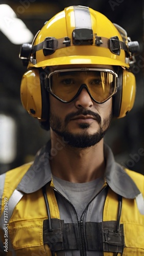 portrait of a man engineer with yellow safety helmet and headphone