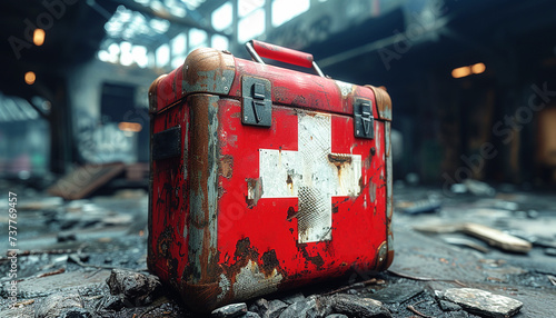 Aged red first aid kit with white cross, lying on a ruined surface. photo