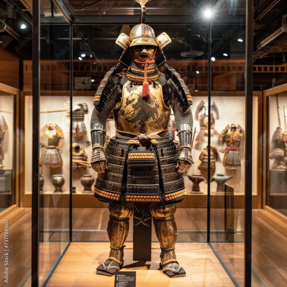 Fototapeta premium In a museum a warriors armor stands on display each dent and scratch a story from historical battles fought centuries ago