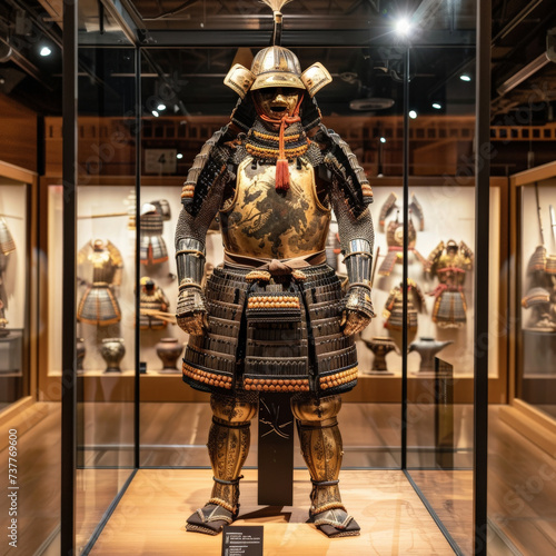 In a museum a warriors armor stands on display each dent and scratch a story from historical battles fought centuries ago photo