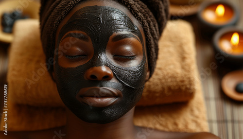 A serene spa setting with a woman enjoying a black facial mask treatment.