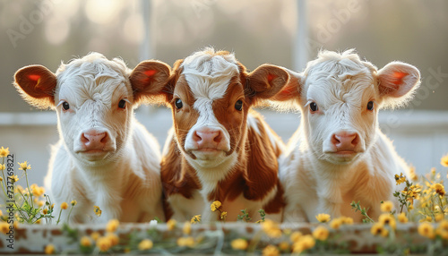 Three young calves standing behind a fence among yellow flowers at sunset.