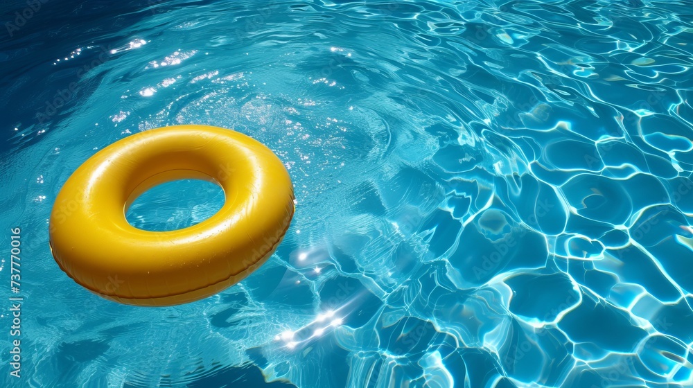 Vibrant blue swimming pool with a yellow pool float and ring floating on it Vibrant blue swimming pool with a yellow pool float and ring floating on it