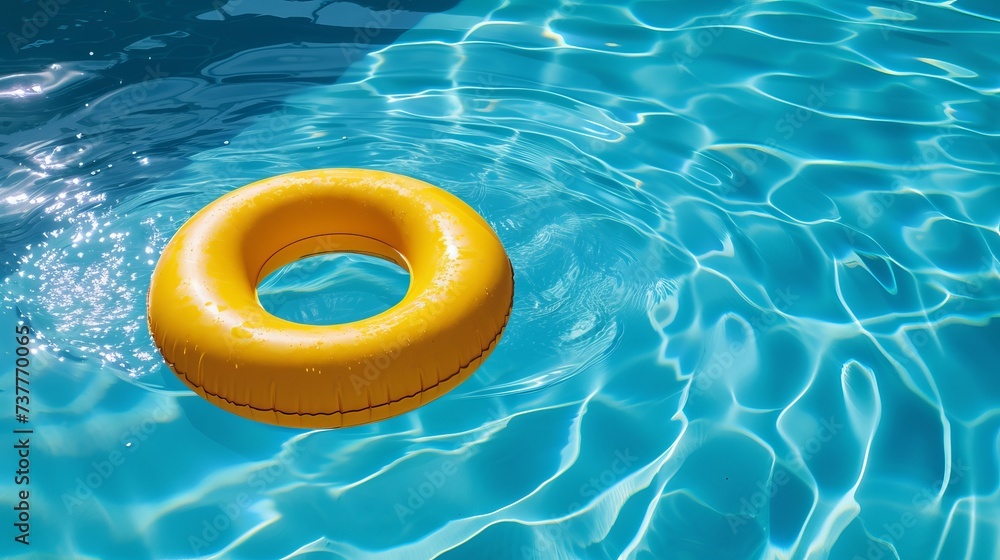 Vibrant blue swimming pool with a yellow pool float and ring floating on it Vibrant blue swimming pool with a yellow pool float and ring floating on it