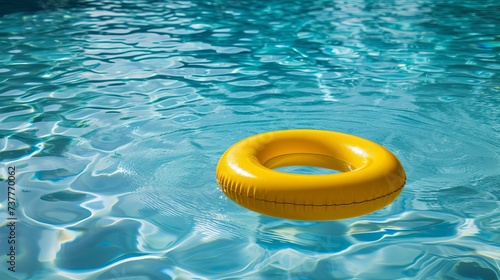 Vibrant blue swimming pool with a yellow pool float and ring floating on it