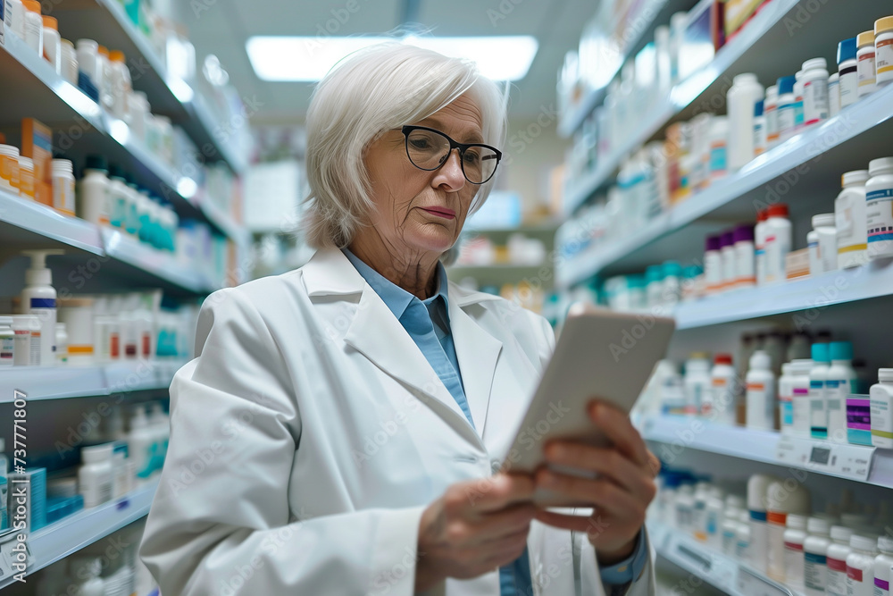 Senior Pharmacist Using Tablet in Drug Store