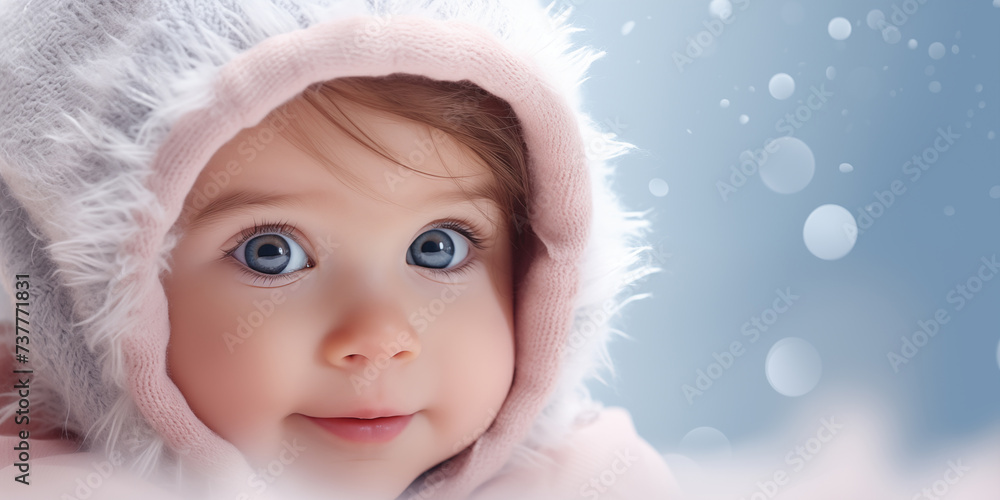 Cute little baby in winter cap. Banner with copy space. Shallow depth of field. Cute little baby in winter cap. Banner with copy space. Shallow depth of field.