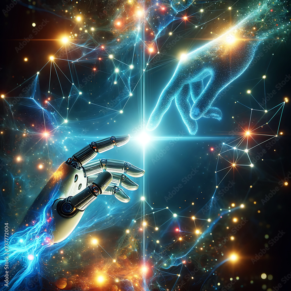 Human Finger Touches Robotic Finger. AI, Machine learning.Hands of robot and human touching on big data network connection Human Finger Touches Robotic Finger. AI, Machine learning.Hands of robot and human touching on big data network connection