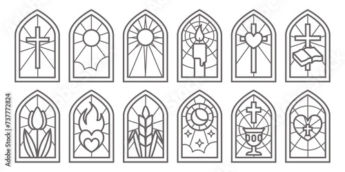 Church glass windows. Stained mosaic catholic and christian frames with cross. Vector gothic medieval outline arches isolated on white background