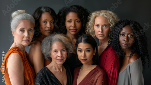 Diverse group of women of different ages and nationalities posing against a monochromatic background