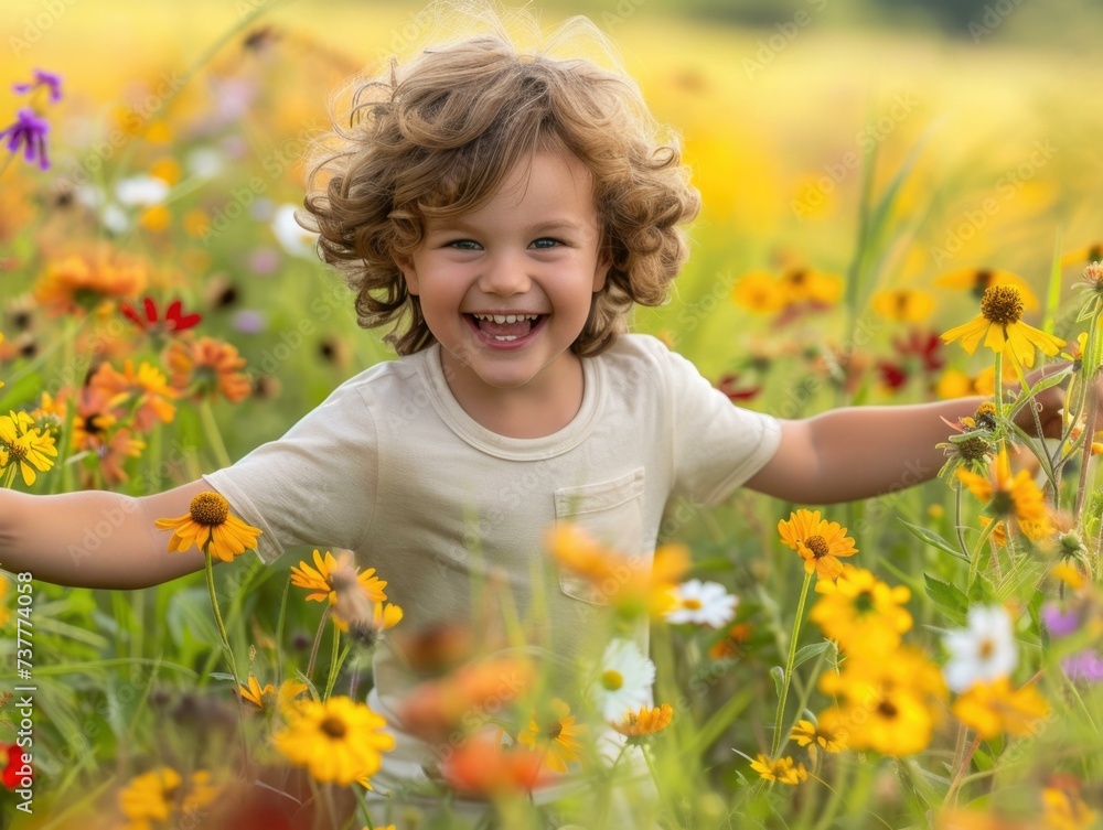 A vibrant, playful young boy with a wild mohawk jumps joyfully in a field of flowers, exuding carefree happiness. Generative AI. A vibrant, playful young boy with a wild mohawk jumps joyfully in a field of flowers, exuding carefree happiness. Generative AI.