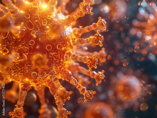 A magnified image of a virus with intricate patterns and orange particles. Generative AI.