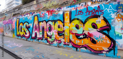 Welcome to Los Angeles, California, USA. Colorful graffiti text sign Los Angeles written on a cement highway wall. Urban trendy graffiti art with happy pink, blue, purple for tourism vacation by Vita