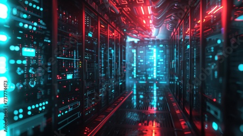 Shot of Data Center With Multiple Rows of Fully Operational Server Racks. Modern Telecommunications  Artificial Intelligence  Supercomputer