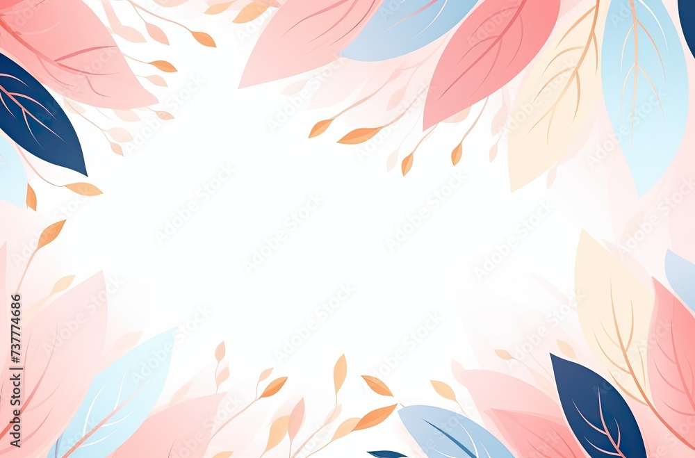 An abstract background with gold frame and pink and blue leaves