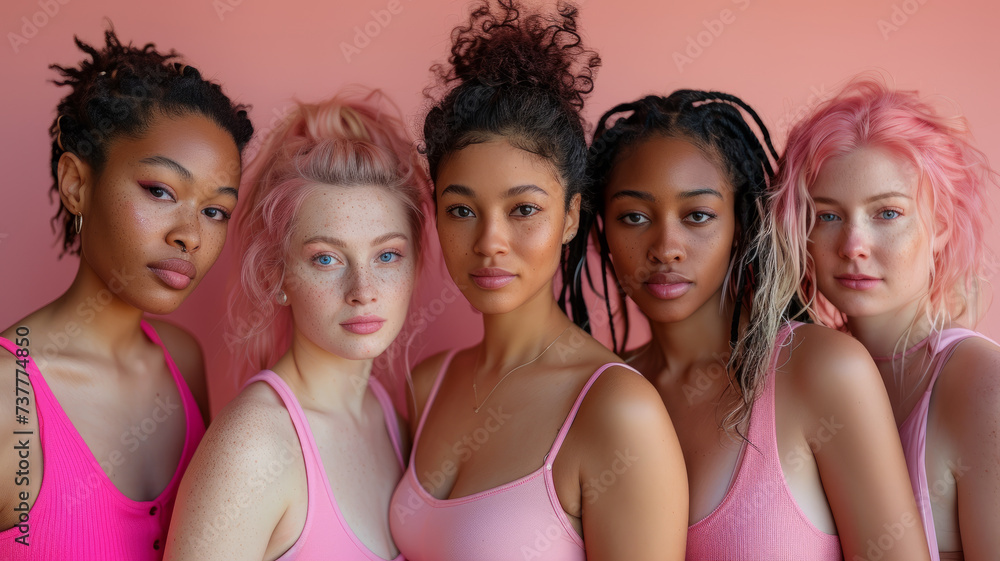 Fototapeta premium Group photo of women in pink T-shirts.