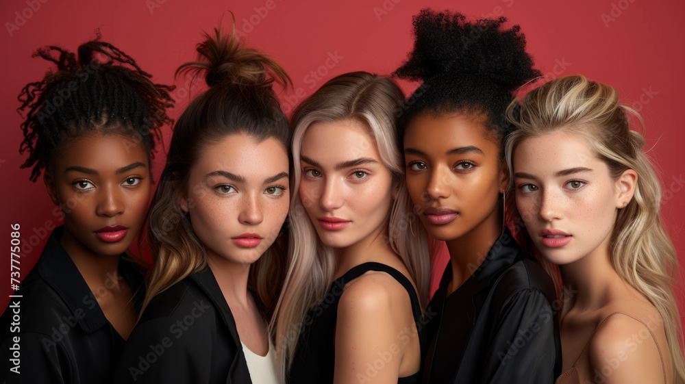 Obraz premium Group of beautiful women posing against a plain background