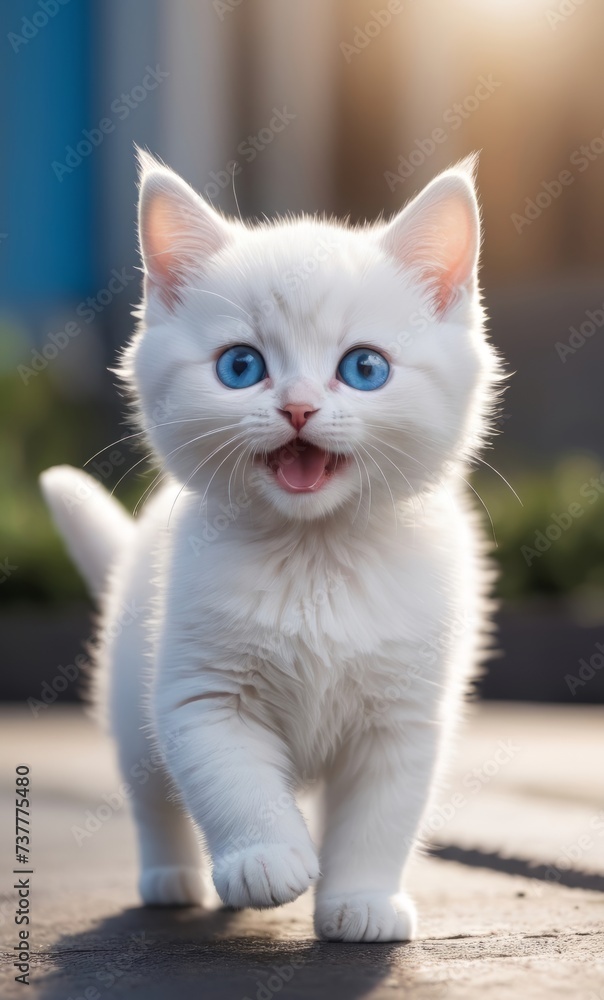 white kitten with cute big blue eyes walking with mouth open white kitten with cute big blue eyes walking with mouth open