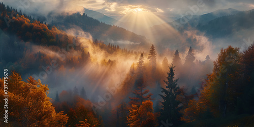 forest with sun rays top view from drone of mountain valley in low clouds aerial view 