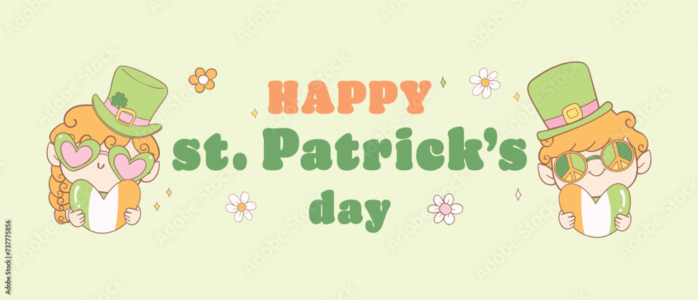 Fototapeta premium Groovy st patrick's day banner, cute happy leprechauns hold heart cartoon doodle drawing.