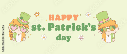 Groovy st patrick s day banner  cute happy leprechauns hold heart cartoon doodle drawing.