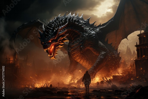 a man is standing in front of a large dragon © JackDong