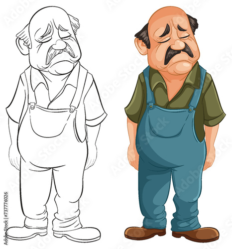 Two sad elderly cartoon characters standing.