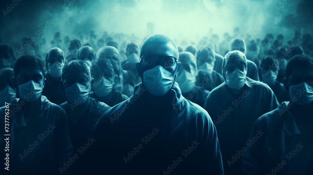 A crowd of people wearing medical masks on a gloomy dark background. Social problem, Epidemic, zombie apocalypse concepts. - obrazy, fototapety, plakaty 