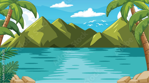 Serene lake with mountains and palm trees