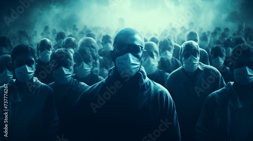 A crowd of people wearing medical masks on a gloomy dark background. Social problem, Epidemic, zombie apocalypse concepts.