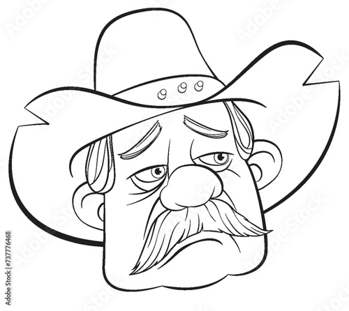 Black and white drawing of a sad cowboy face.