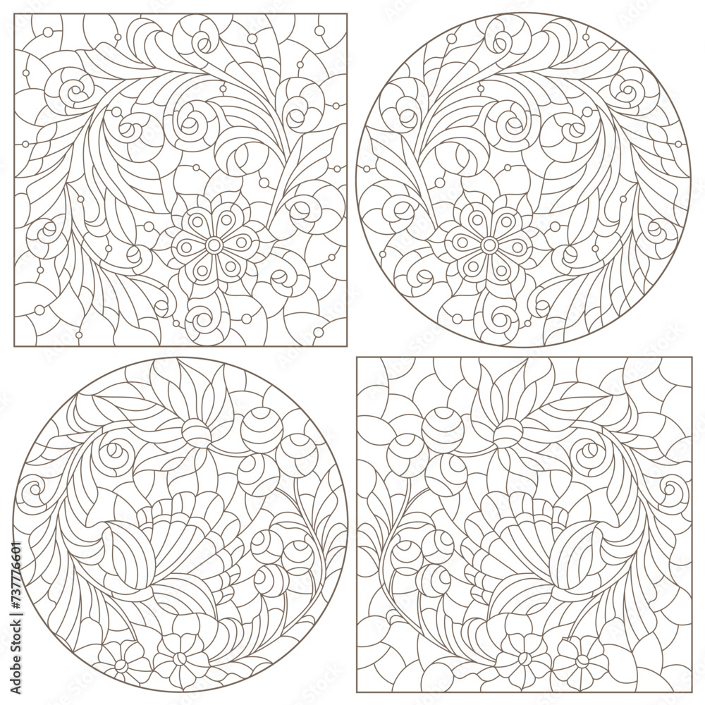 A set of contour illustrations in the style of stained glass with abstract berries and flowers, dark contours on a white background