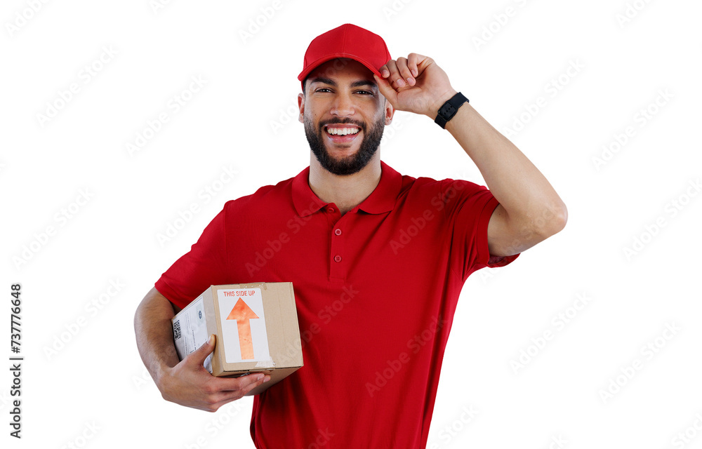 Happy man, portrait and box with delivery for order, package or transportation on a transparent PNG background. Male person or courier guy with smile, hat and parcel for cargo or service in logistics Happy man, portrait and box with delivery for order, package or transportation on a transparent PNG background. Male person or courier guy with smile, hat and parcel for cargo or service in logistics