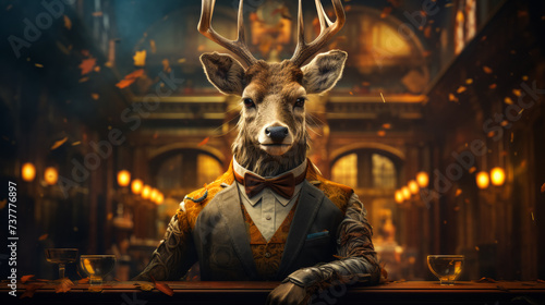 Imagine a debonair deer in a velvet smoking jacket, accessorized with a silk cravat and a monocle. Amidst a backdrop of autumn foliage, it exudes woodland charm and refined taste. The vibe: rustic and
