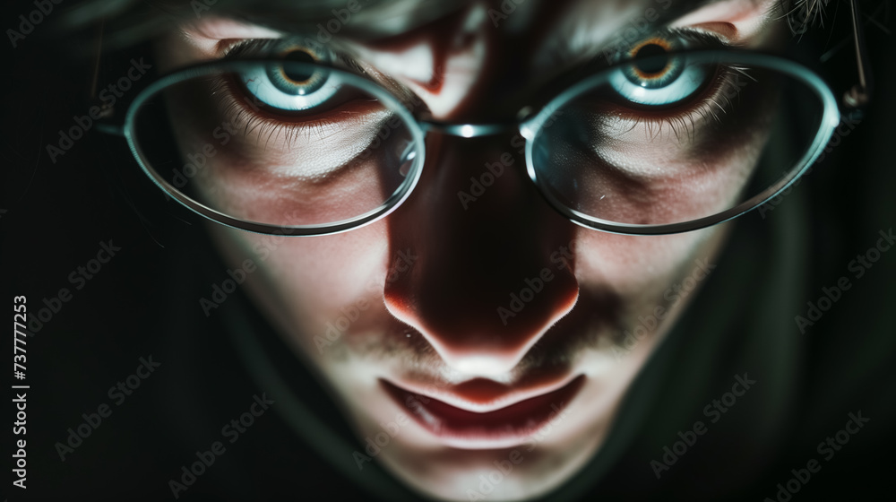 Menacing gaze through reflective glasses in darkness. Menacing gaze through reflective glasses in darkness.