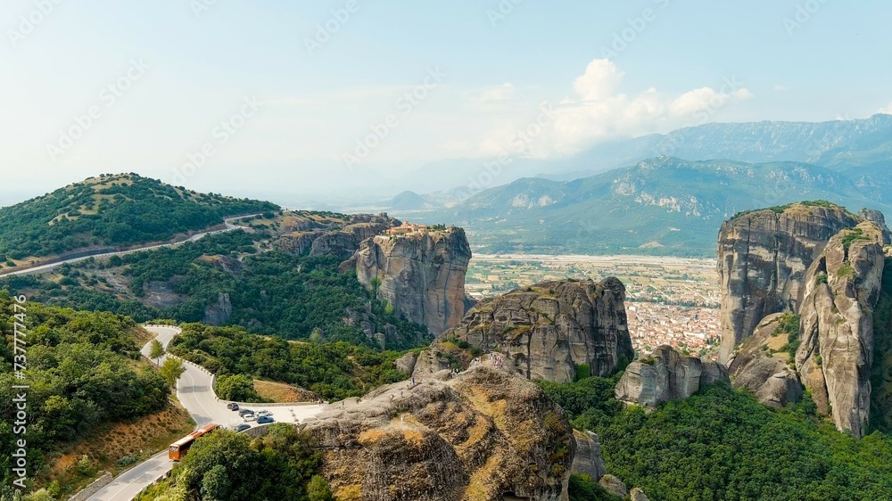 Meteora, Kalabaka, Greece. Monastery of the Holy Trinity at Meteora. Meteora - rocks, up to 600 meters high. There are 6 active Greek Orthodox monasteries listed on the UNESCO list, Aerial View