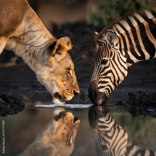 une lionne et un zèbre qui partagent le point d'eau, et boivent face à face à quelques centimètres l'un de l'autre sans se craindre photo