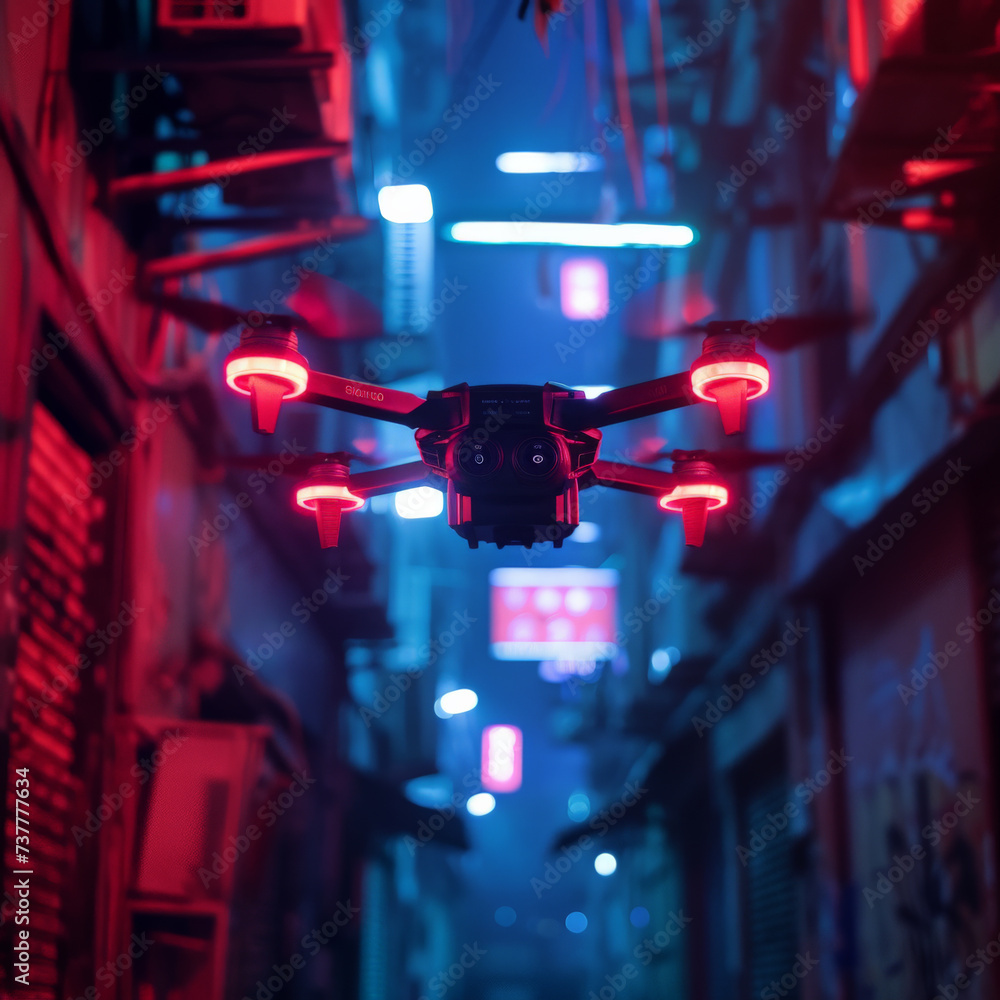 Through dark cyber alleys a neon hackers drone scouts for VR vulnerabilities a beacon of security