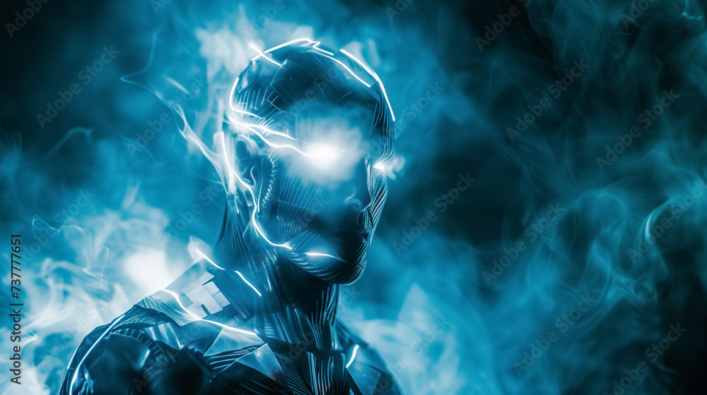 Mystical figure shrouded in blue smoke and light. Mystical figure shrouded in blue smoke and light.