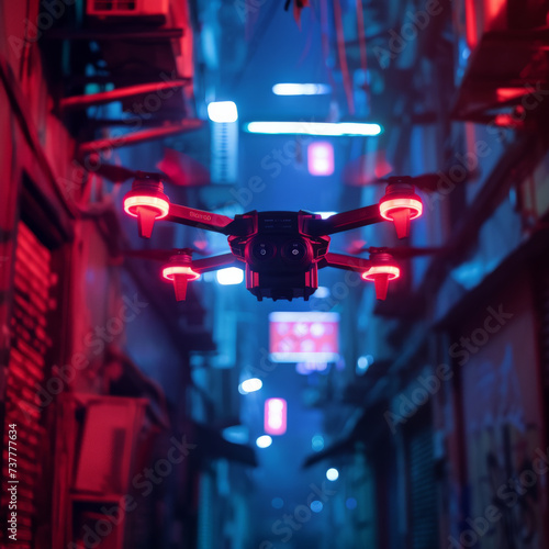 Through dark cyber alleys a neon hackers drone scouts for VR vulnerabilities a beacon of security