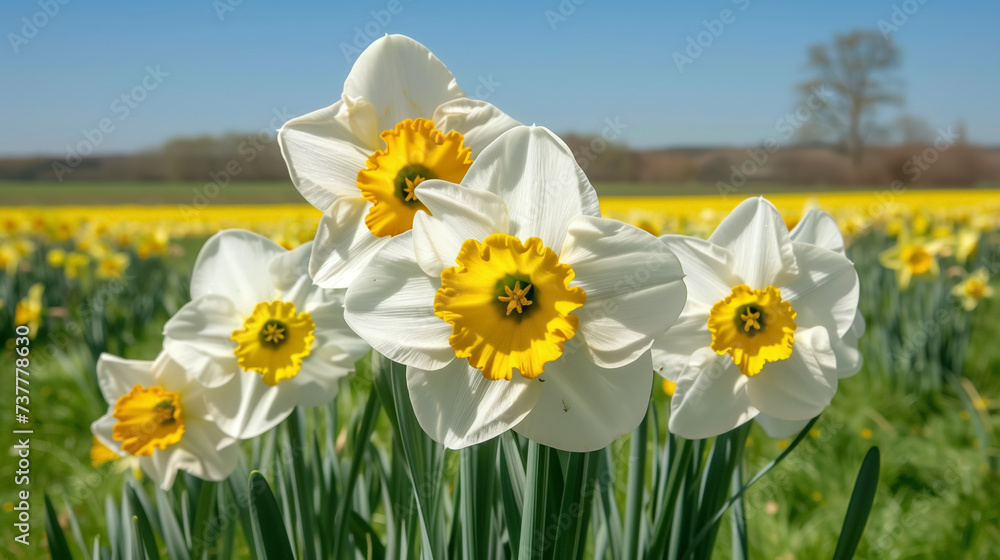 Daffodils blooming in a bright spring field. Daffodils blooming in a bright spring field.