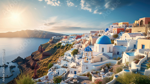 Golden sunset light bathes the classic white buildings and blue domes of Santorini, Greece, overlooking the Aegean Sea. 