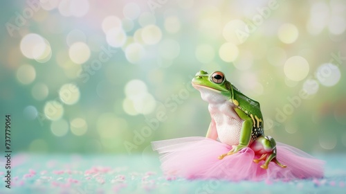 A tutu-wearing green frog set against a pastel background.