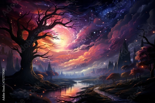 A beautiful painting of a tree in the middle of a river under a starry night sky