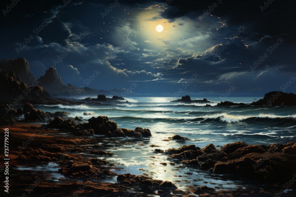 A natural landscape painting of a full moon reflecting on the water surface