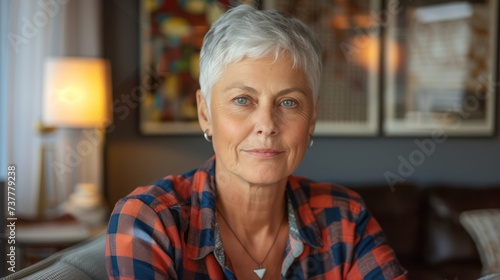 older woman projecting a serious yet upbeat vibe, dressed casually and posing confidently in her home while making direct eye contact with the camera.